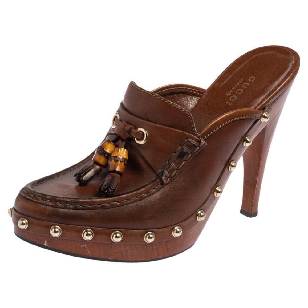 Gucci Brown Leather Tassel Platform Clog Sandals Size 9